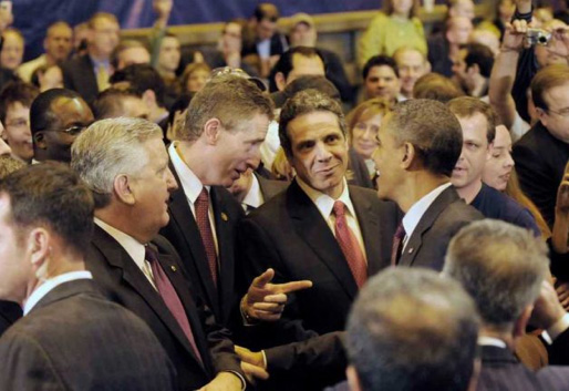 Jerry Jennings Hangs Close To Newly Elected Lt. Governer Duffy And Governer Cuomo During Obama's Visit To Schenectady, January 2011