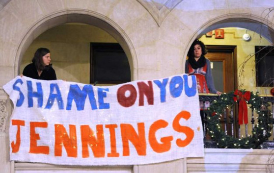 Occupy Albany Hangs A Sign On City Hall, Dec. 28