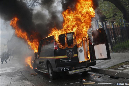 Police Van In Baltimore As The Riots Continue