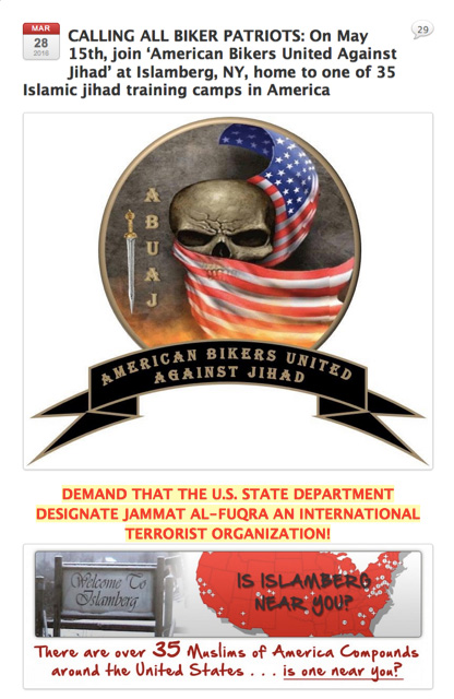 Here is a screenshot of the announcement for the American Bikers Against Jihad attack on Islamberg for May 15 from the Bare Naked Islam site. 