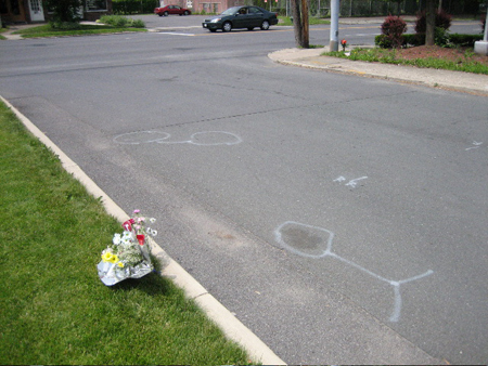 University Place, showing the location of the body and the bike.  Note the bouquet.
